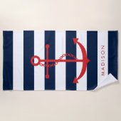 Monogrammed rood anker op Navy Stripes Strandlaken (Voorkant)