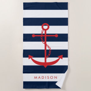 Monogrammed rood anker op Navy Stripes Strandlaken