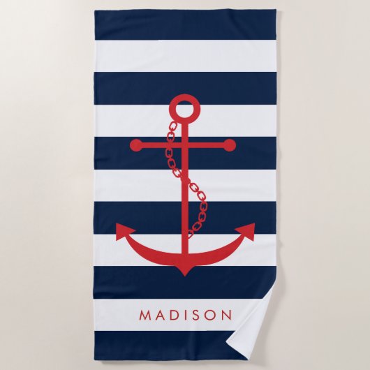 Monogrammed rood anker op Navy Stripes Strandlaken (Voorkant)