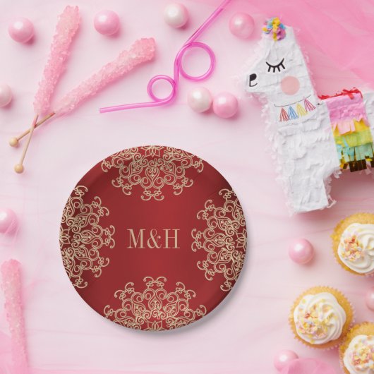 Monogrammed Rood en Goud Indische Stijl Bruiloft Papieren Bordje (Feest)