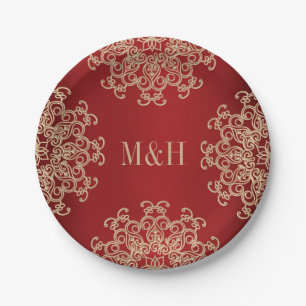 Monogrammed Rood en Goud Indische Stijl Bruiloft Papieren Bordje