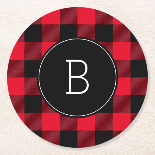 Monogrammed Rood- en Zwarte Buffalo-spelden Ronde Kartonnen Onderzetter (Voorkant)