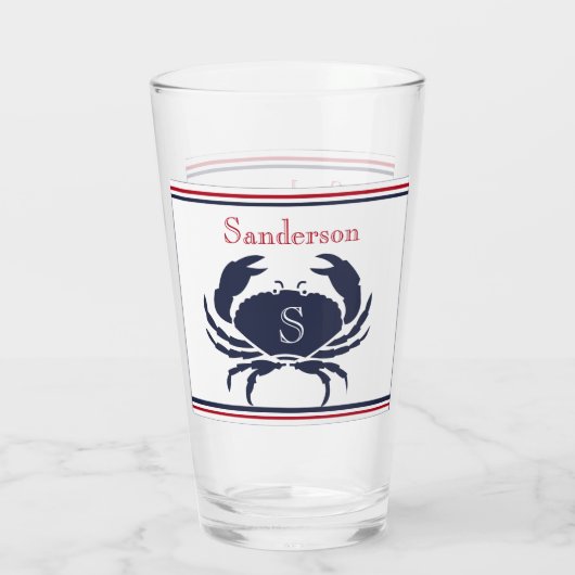 Monogrammed Rood Wit Navy Blauwe Krab Nautische Gl Glas (Achterkant)