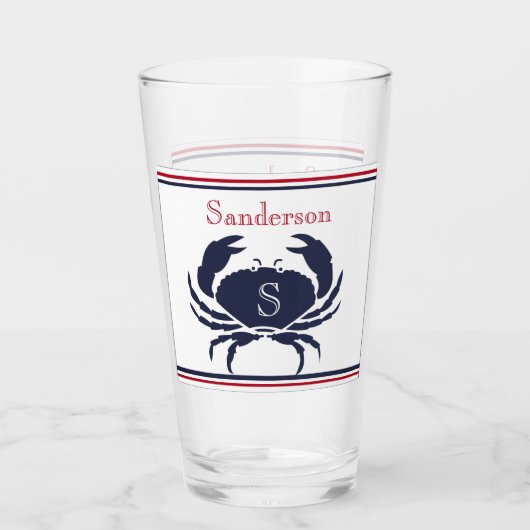 Monogrammed Rood Wit Navy Blauwe Krab Nautische Gl Glas (Voorkant)