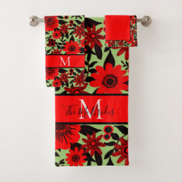 Monogrammed Rood, Zwart en Groen Oerwoud Bloemen Bad Handdoek