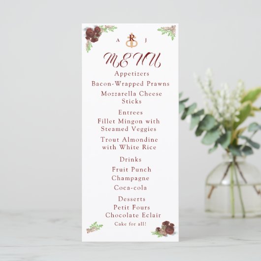 Monogrammed Roos-Corsage-menukaart Menu (Staand voorkant)