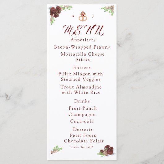 Monogrammed Roos-Corsage-menukaart Menu (Voorkant)