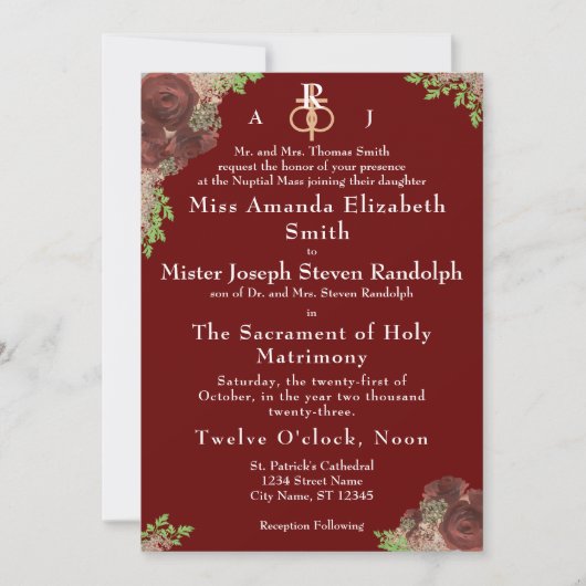 Monogrammed Roos-Corsage Wedding Invitation (Voorkant)