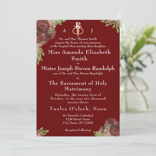 Monogrammed Roos-Corsage Wedding Invitation (Staand voorkant)