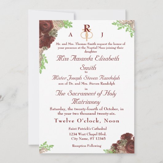 Monogrammed Roos-Corsage Wedding Invitation Kaart (Voorkant)
