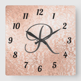 Monogrammed Roos Gold Damask Vierkante Klok