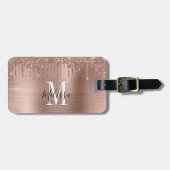 Monogrammed Roos Gold Glitter Brushed Metal Bagagelabel (Voorkant horizontaal)