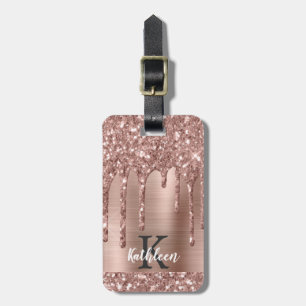 Monogrammed Roos Gold Glitter Drift op roze metale Bagagelabel
