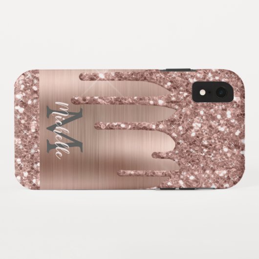 Monogrammed Roos Gold Glitter Drift op roze metale Case-Mate iPhone Case (Achterkant (horizontaal))