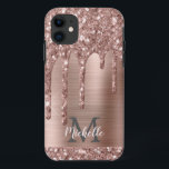 Monogrammed Roos Gold Glitter Drift op roze metale Case-Mate iPhone Case<br><div class="desc">Moderne, girale roos goudglitter druipt naam en monogrammed telefoondoosje. Dit ontwerp is voorzien van een wazige roze roze roze glitter sparkle druppelt op een roze bruine metalen achtergrond met op maat gesneden monogram initiaal en sjabloon van de voornaam tekst. Perfect vrouwelijk geschenk. Neem contact met me op als je hulp...</div>