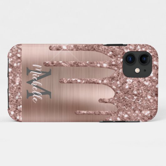 Monogrammed Roos Gold Glitter Drift op roze metale Case-Mate iPhone Case (Achterkant (horizontaal))