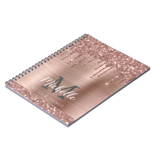 Monogrammed Roos Gold Glitter Drift op roze metale Notitieboek (Linkerzijde)