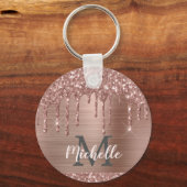 Monogrammed Roos Gold Glitter Drift op roze metale Sleutelhanger (Voorkant)