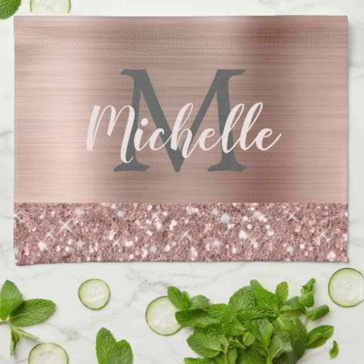 Monogrammed Roos Gold Glitter Drift op roze metale Theedoek (Gevouwen)