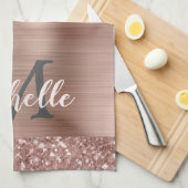 Monogrammed Roos Gold Glitter Drift op roze metale Theedoek (Quarter Fold)