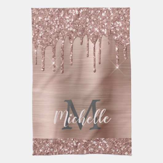 Monogrammed Roos Gold Glitter Drift op roze metale Theedoek (Verticaal)