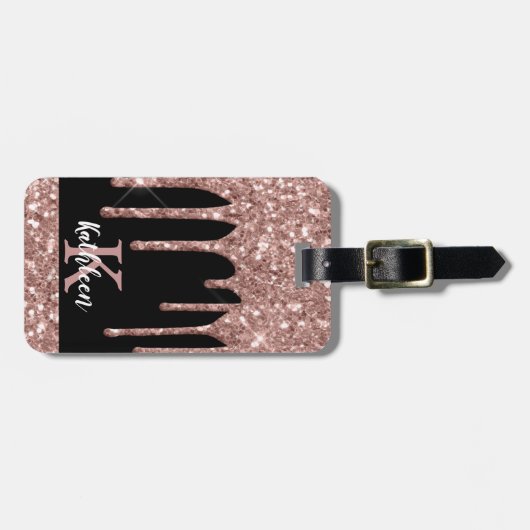 Monogrammed Roos Gold Glitter Drivers op zwart Bagagelabel (Voorkant horizontaal)