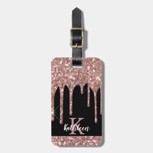 Monogrammed Roos Gold Glitter Drivers op zwart Bagagelabel (Voorkant verticaal)