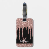 Monogrammed Roos Gold Glitter Drivers op zwart Bagagelabel (Achterkant verticaal)