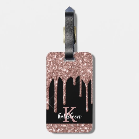 Monogrammed Roos Gold Glitter Drivers op zwart Bagagelabel (Achterkant verticaal)