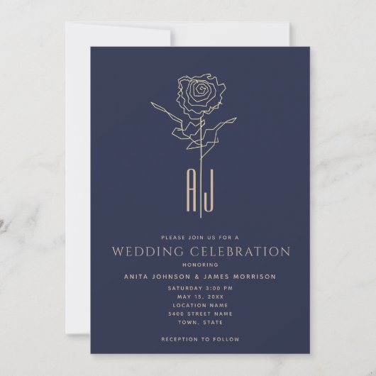 Monogrammed Roos Gold Navy Blue Wedding Kaart (Voorkant)