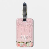 Monogrammed Roos Gouden Glitter Druppelt Roze Bloe Bagagelabel (Achterkant verticaal)