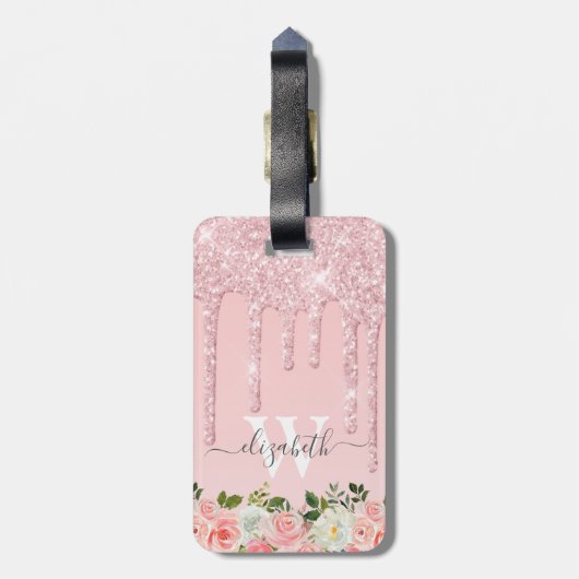 Monogrammed Roos Gouden Glitter Druppelt Roze Bloe Bagagelabel (Achterkant verticaal)