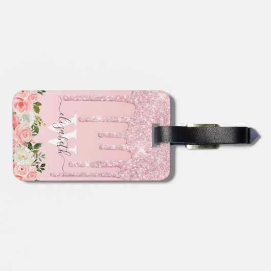Monogrammed Roos Gouden Glitter Druppelt Roze Bloe Bagagelabel (Achterkant horizontaal)