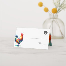 Monogrammed Rooster Waterverf Bruiloft Plaatskaartje