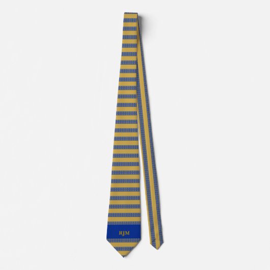 Monogrammed Royal Blue en Gold Stripes Stropdas (Voorkant)