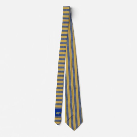 Monogrammed Royal Blue en Gold Stripes Stropdas (Achterkant)