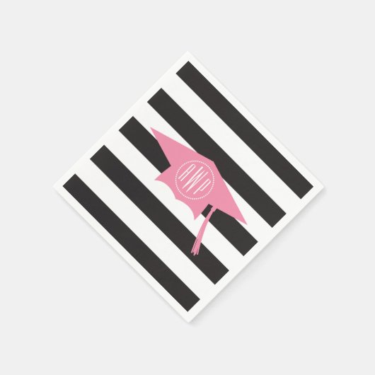 Monogrammed roze afstudeerdop + zwarte strepen servetten (Hoek)