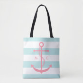 Monogrammed Roze Anchor op mint Stripes Tote Bag (Voorkant)