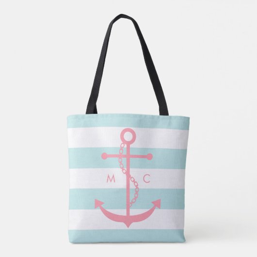 Monogrammed Roze Anchor op mint Stripes Tote Bag (Achterkant)