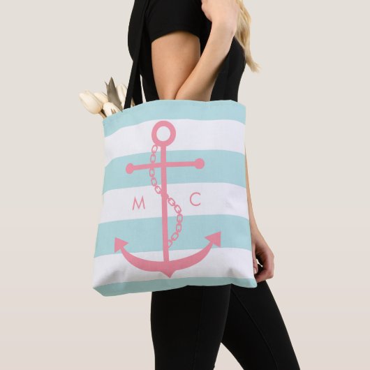 Monogrammed Roze Anchor op mint Stripes Tote Bag (Dichtbij)