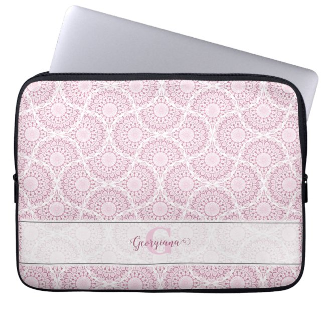 Monogrammed Roze Art Deco Confetti Lace Mandala Laptop Sleeve (Voorkant)