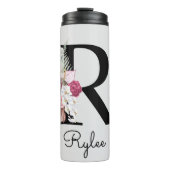 Monogrammed Roze Bloemen Initiaal R Thermosbeker (Voorkant)