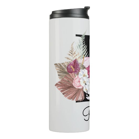 Monogrammed Roze Bloemen Initiaal R Thermosbeker (Gedraaid links)