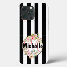 Monogrammed roze bloemen zwarte en witte strepen