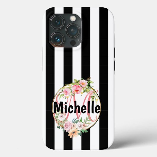 Monogrammed roze bloemen zwarte en witte strepen Case-Mate iPhone case (Achterkant)
