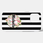 Monogrammed roze bloemen zwarte en witte strepen Case-Mate iPhone case (Achterkant (horizontaal))