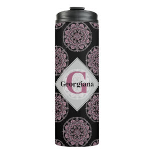 Monogrammed Roze Bloemenkransen Polka Dot Mandala Thermosbeker