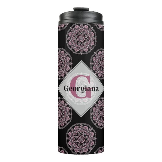 Monogrammed Roze Bloemenkransen Polka Dot Mandala Thermosbeker (Voorkant)