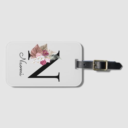 Monogrammed Roze Boho Bloemen Initiaal N Bagagelabel (Voorkant (horizontaal))