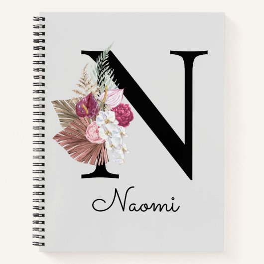 Monogrammed Roze Boho Bloemen Initiaal N Notitieboek (Voorkant)
